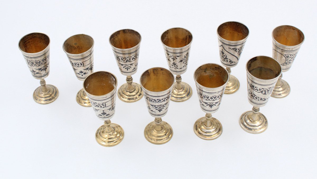 10 Russian Silver Vodka Cups Nielloed 875 Vintage Russian Hallmark-photo-3