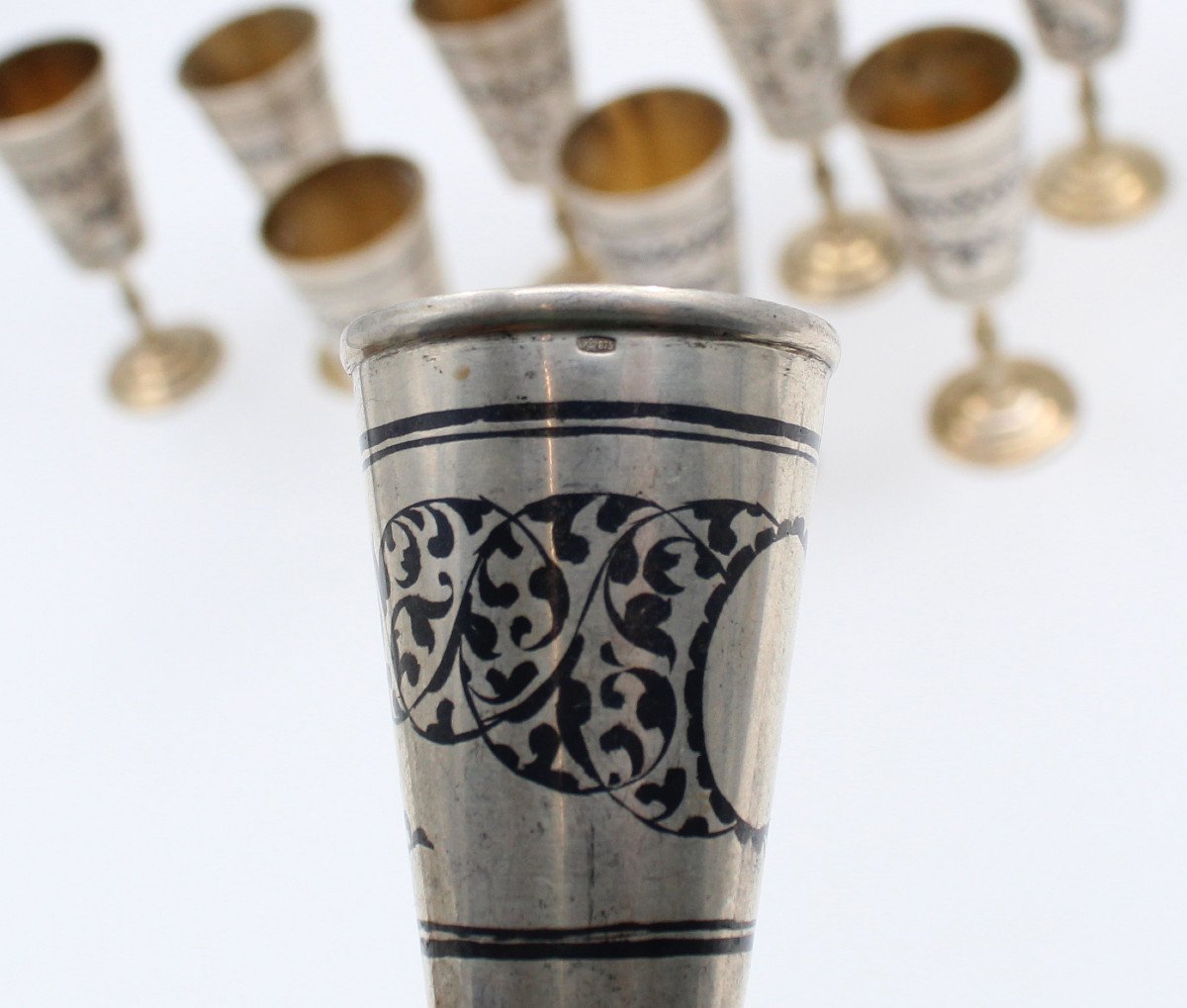 10 Russian Silver Vodka Cups Nielloed 875 Vintage Russian Hallmark-photo-4