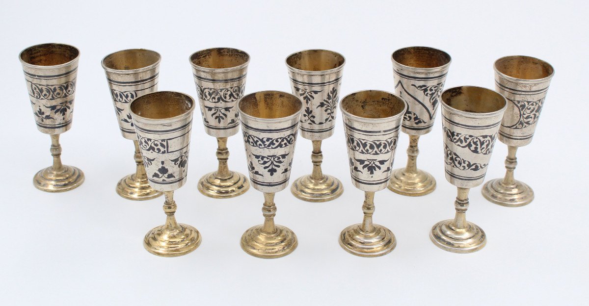 10 Russian Silver Vodka Cups Nielloed 875 Vintage Russian Hallmark