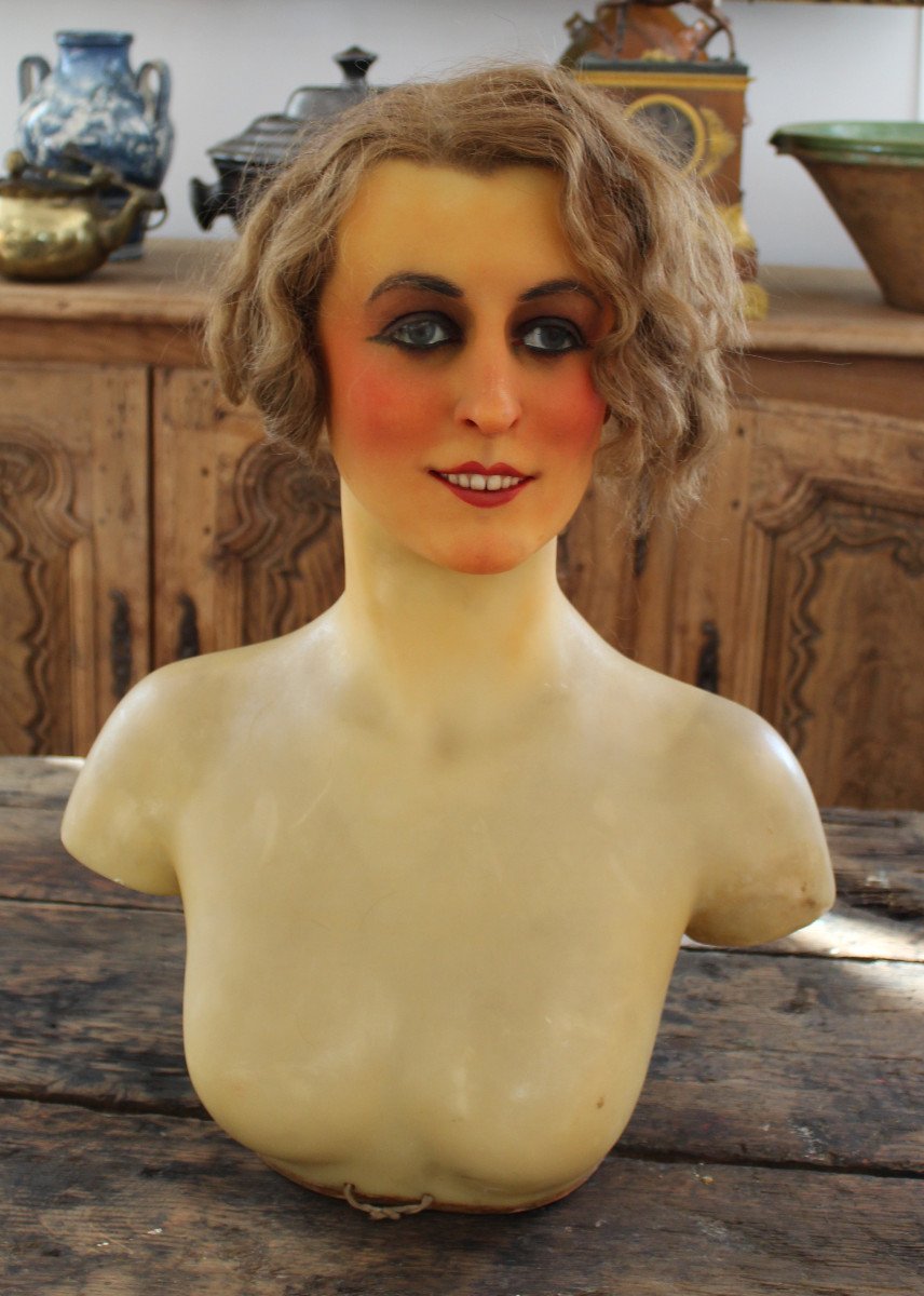 Large Bust Of A Woman In Wax With Polychrome Patina By Pierre Imans, Early 20th Century.-photo-3