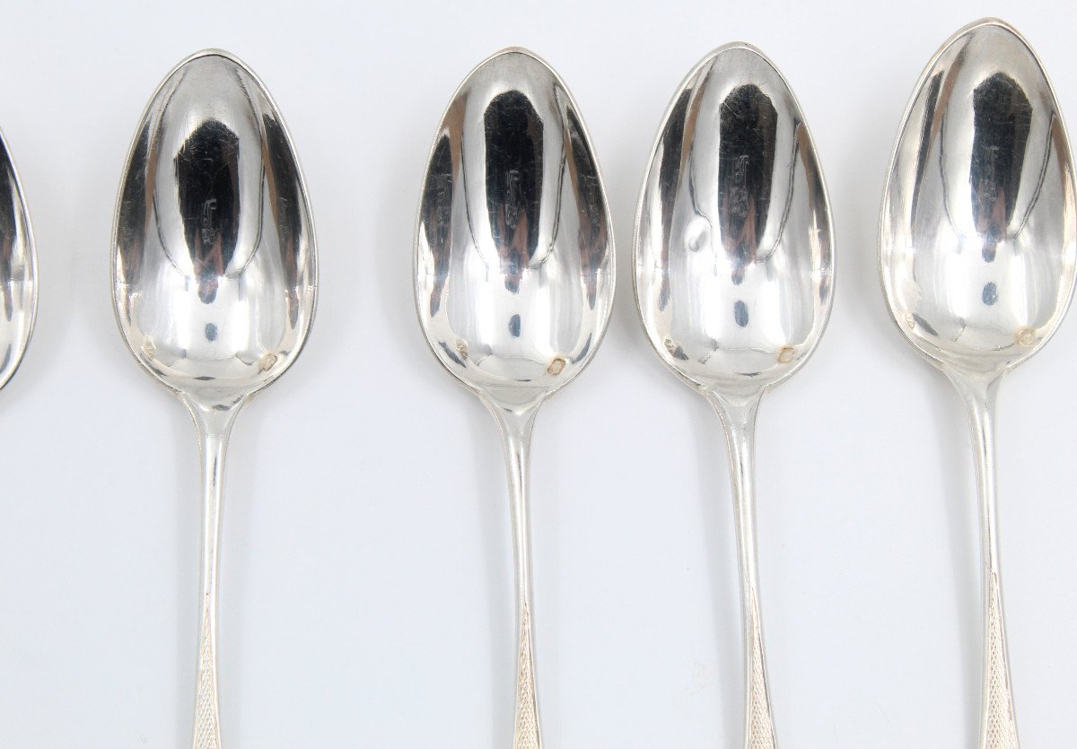 6 Sterling Silver Spoons Minerva Hallmark With Orf Puiforcat Medallion-photo-2