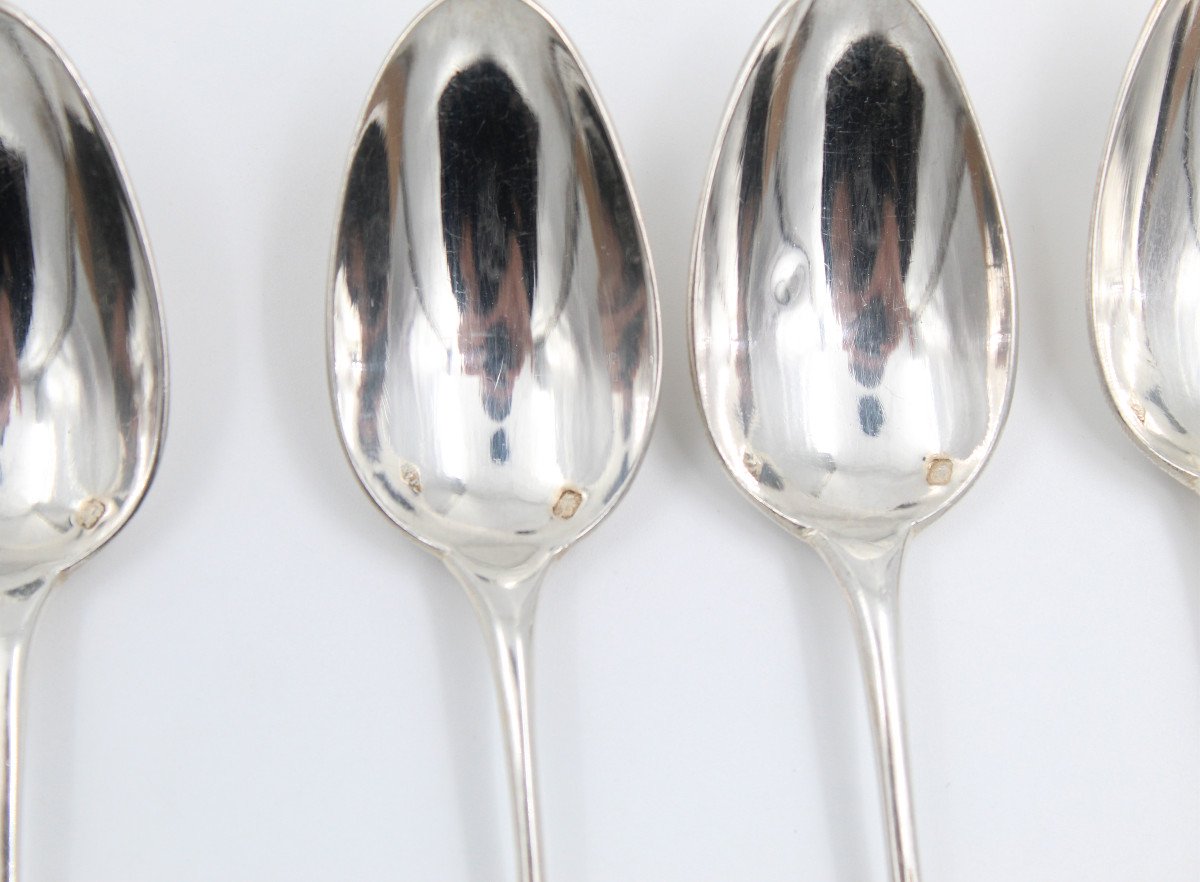 6 Sterling Silver Spoons Minerva Hallmark With Orf Puiforcat Medallion-photo-4