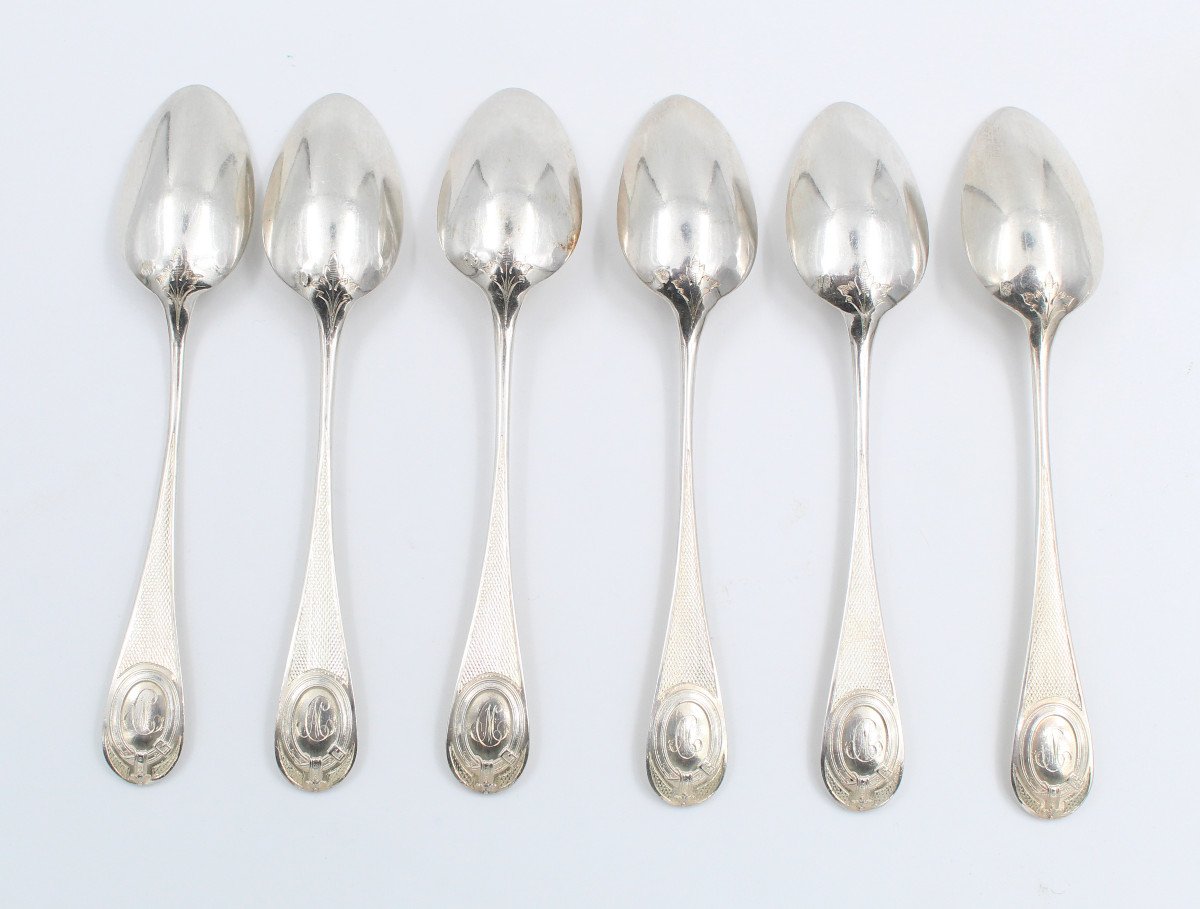 6 Sterling Silver Spoons Minerva Hallmark With Orf Puiforcat Medallion-photo-1