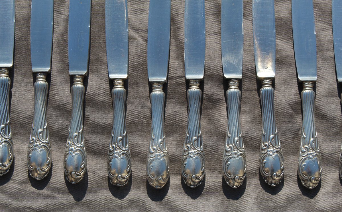 Set Of 12 Russian Rocaille Moscow Silver Knives -photo-2