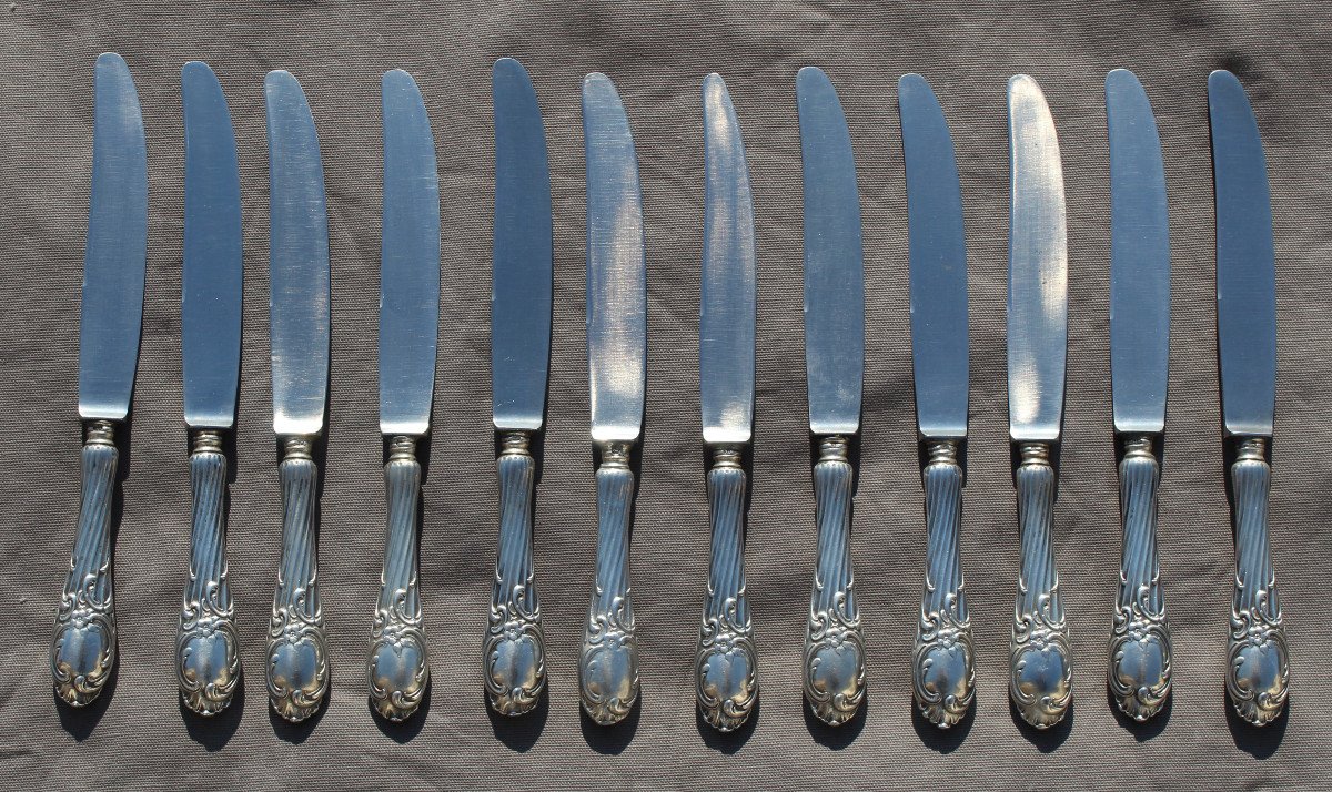 Set Of 12 Russian Rocaille Moscow Silver Knives -photo-4