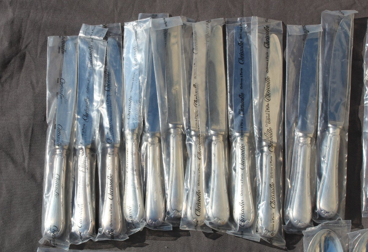 Christofle Cutlery Set Crossed Ribbons Model 50 Pieces In Silver Metal Blister Pack-photo-2