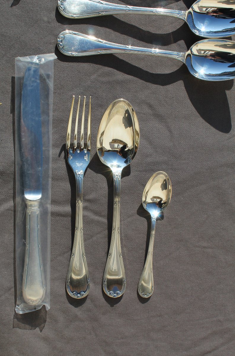 Christofle Cutlery Set Crossed Ribbons Model 50 Pieces In Silver Metal Blister Pack-photo-3