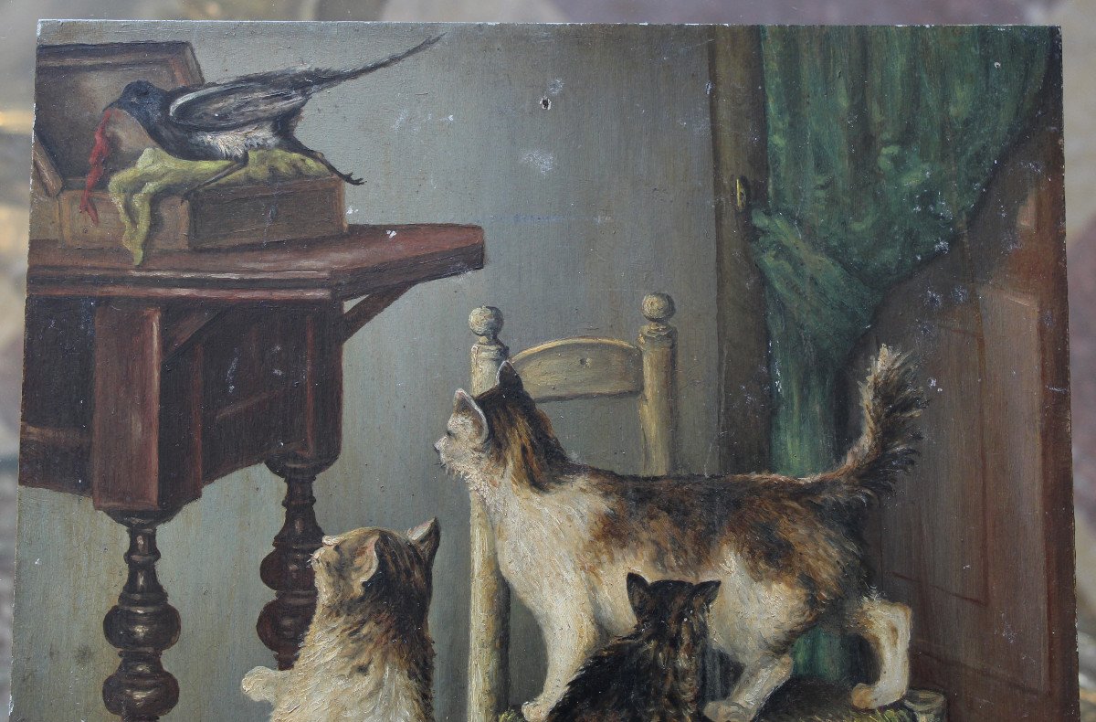 Oil On Panel Monogram And Date 1887 Cats And Kittens-photo-2