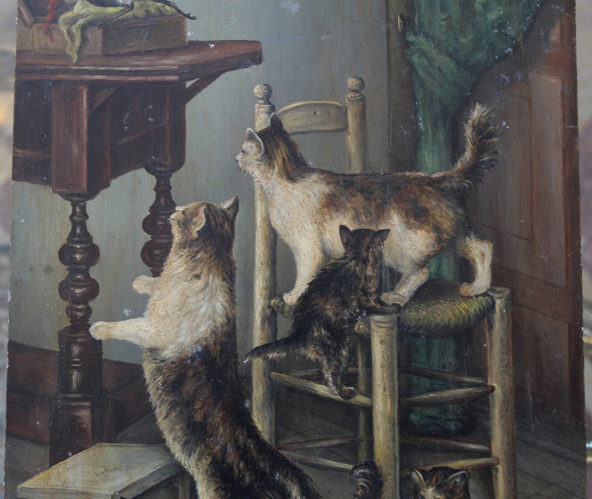 Huile Sur Panneau Monogramme Et Date 1887 Chats Et Chatons-photo-3