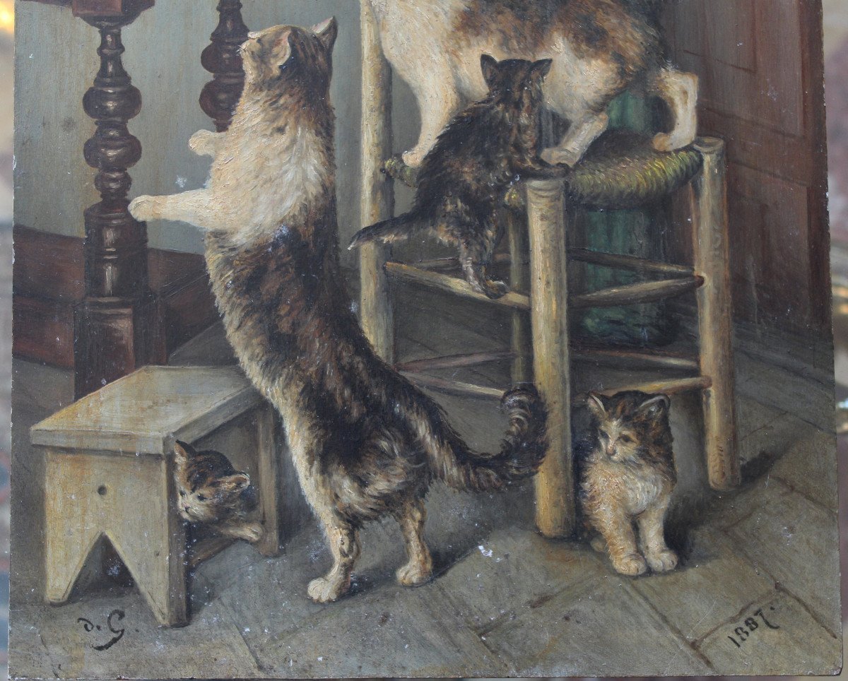 Huile Sur Panneau Monogramme Et Date 1887 Chats Et Chatons-photo-4