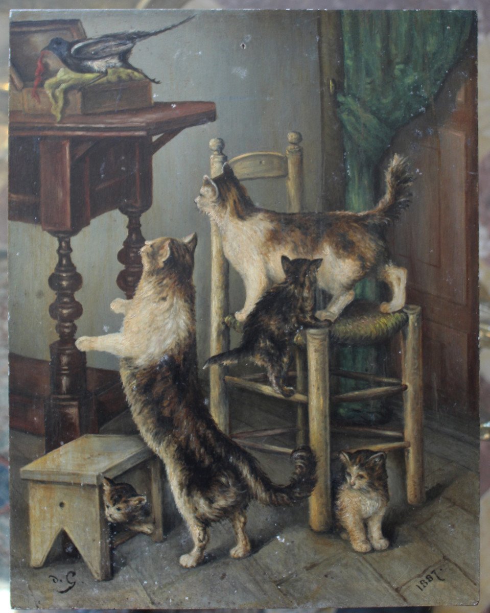 Oil On Panel Monogram And Date 1887 Cats And Kittens