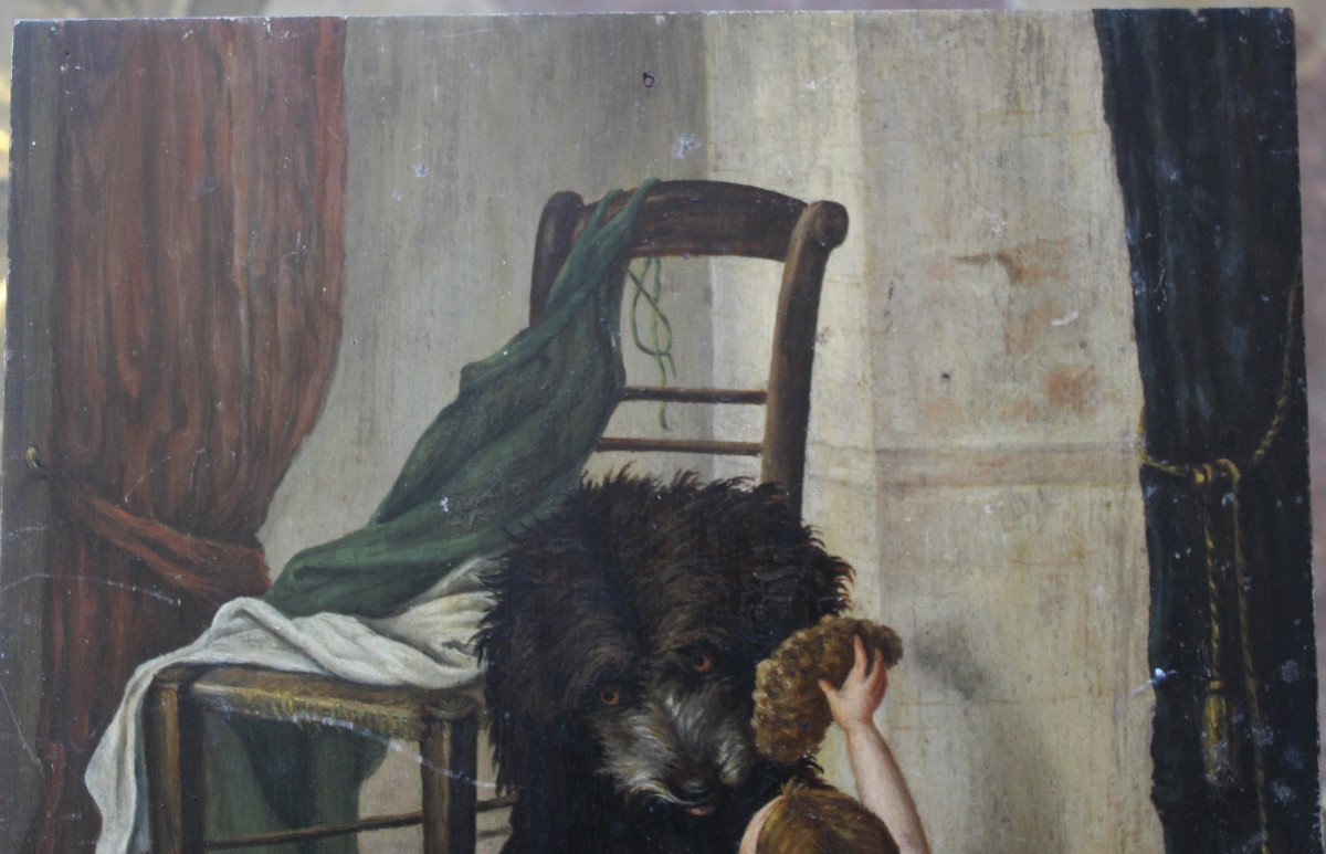 Oil On Panel 19th Century Representing A Child And A Dog-photo-2