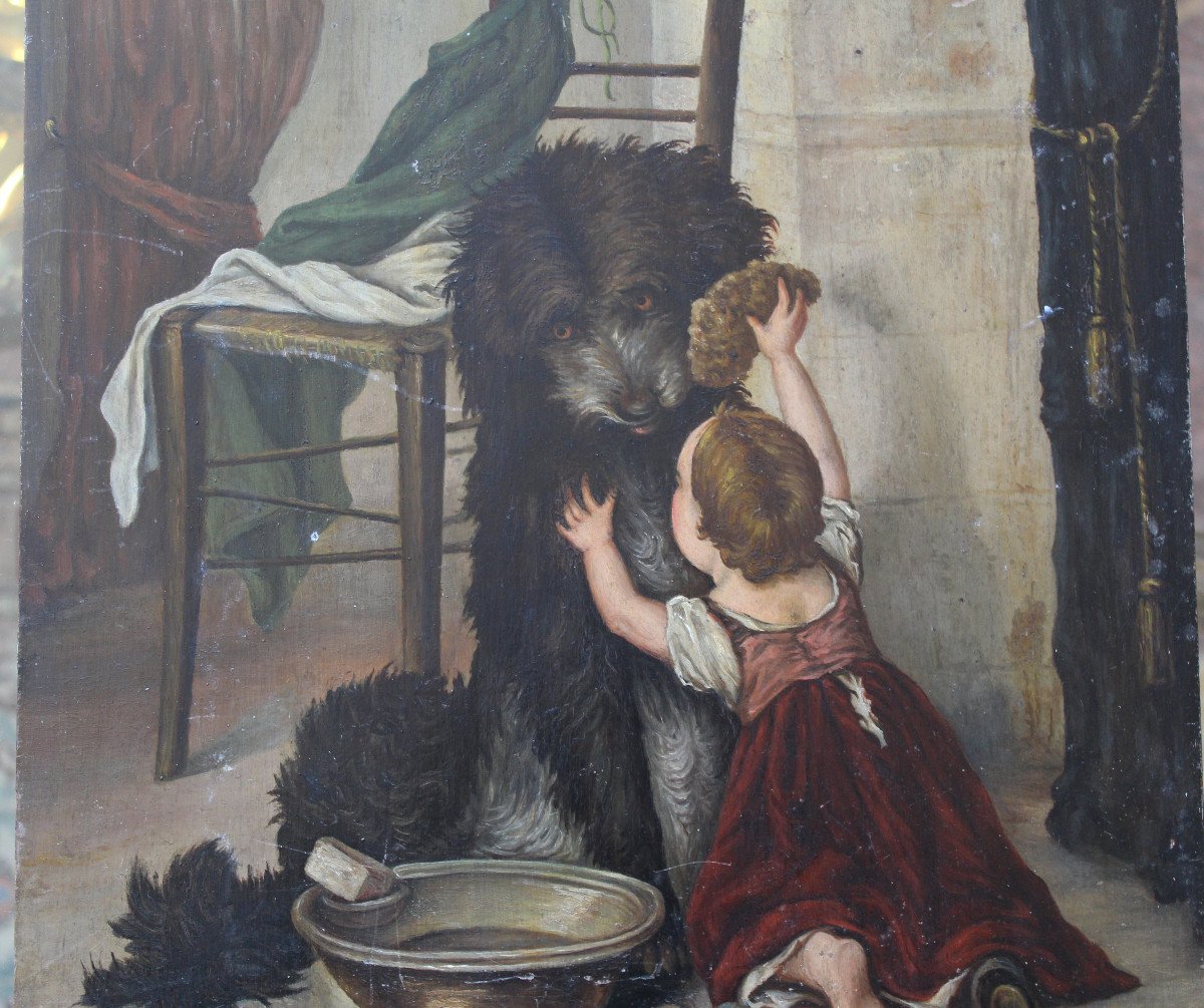 Huile Sur Panneau 19 Eme Representant Un  Enfant Et Un Chien-photo-3