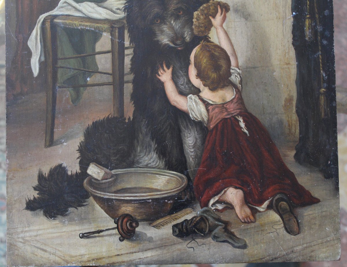 Huile Sur Panneau 19 Eme Representant Un  Enfant Et Un Chien-photo-4