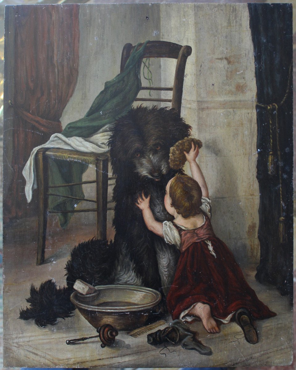 Huile Sur Panneau 19 Eme Representant Un  Enfant Et Un Chien