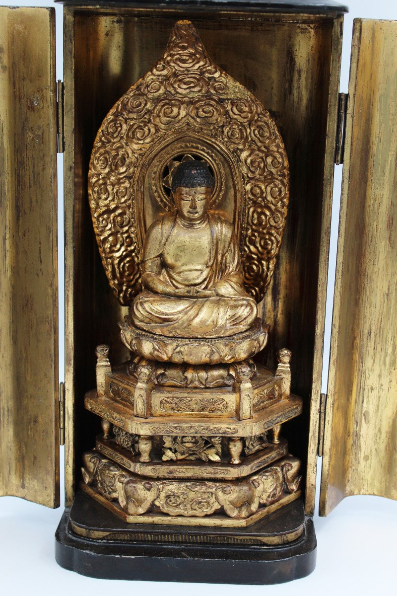 Buddha Statue Of Amida Nyorai In Gilded And Lacquered Wood Japan 19th Century-photo-2