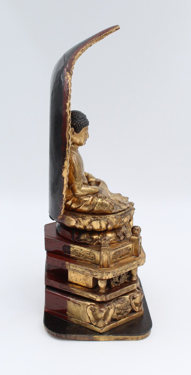 Buddha Statue Of Amida Nyorai In Gilded And Lacquered Wood Japan 19th Century-photo-4