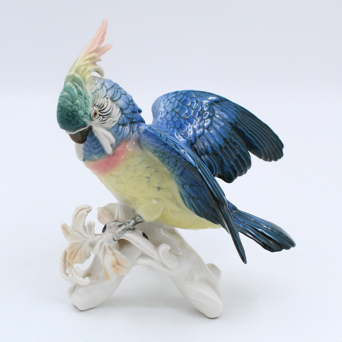 Karl Ens Oiseau En Porcelaine émaillé Saxe Perroquet Cacatoes H = 23 Cm