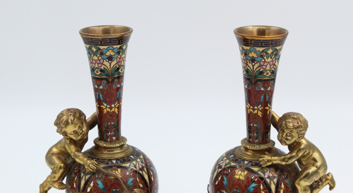 Pair Of Long Necked Bronze And Cloisonné Enamel Vases With Children's Decor-photo-2