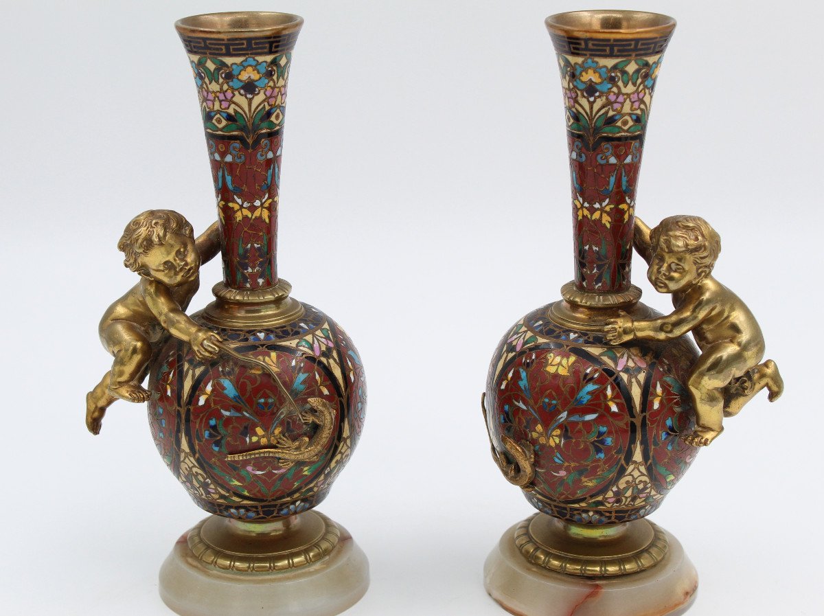 Pair Of Long Necked Bronze And Cloisonné Enamel Vases With Children's Decor-photo-3