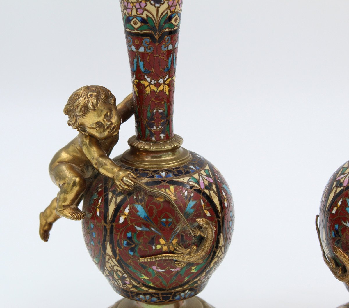 Pair Of Long Necked Bronze And Cloisonné Enamel Vases With Children's Decor-photo-4