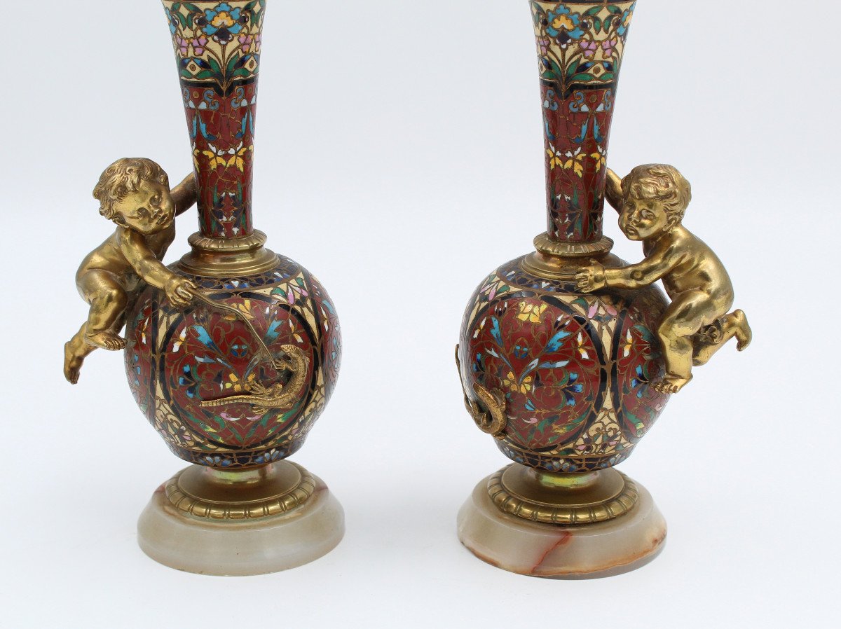 Pair Of Long Necked Bronze And Cloisonné Enamel Vases With Children's Decor-photo-1