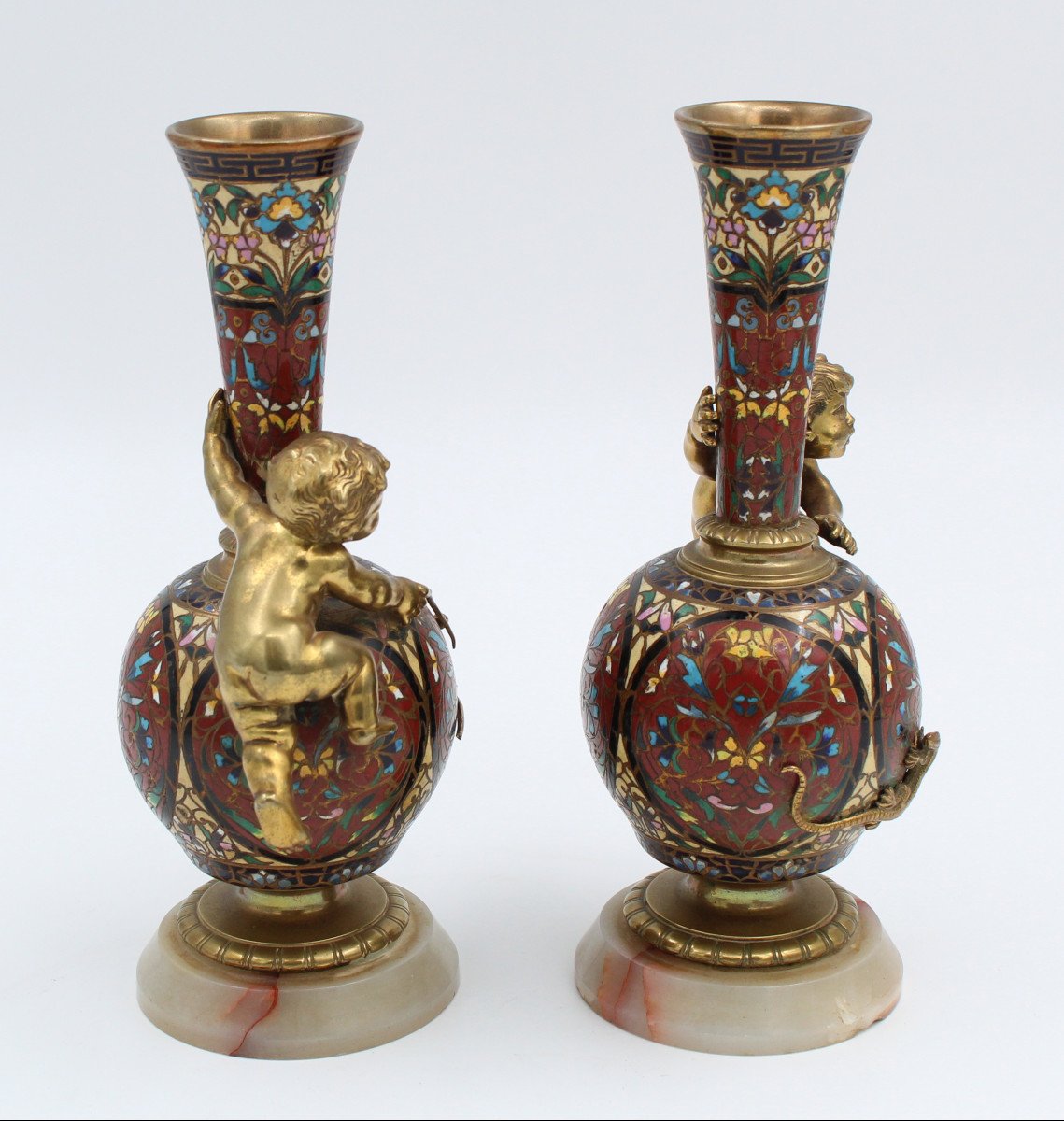 Pair Of Long Necked Bronze And Cloisonné Enamel Vases With Children's Decor-photo-2