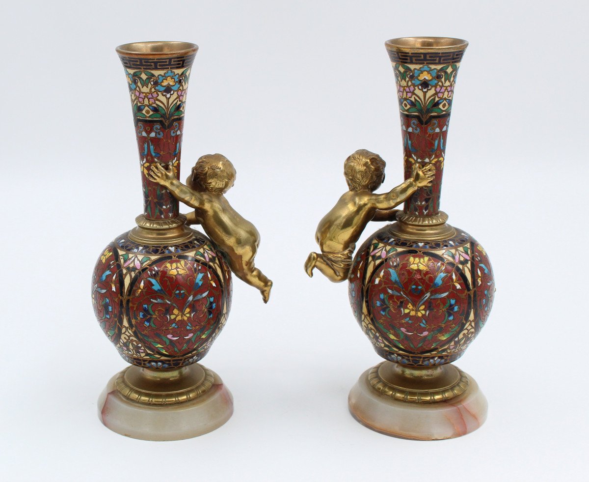 Pair Of Long Necked Bronze And Cloisonné Enamel Vases With Children's Decor-photo-3