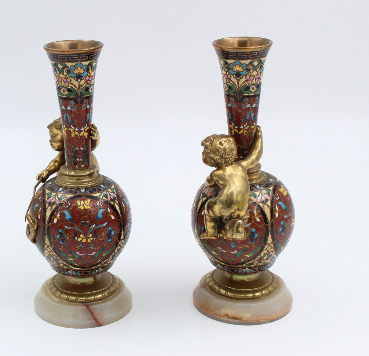 Pair Of Long Necked Bronze And Cloisonné Enamel Vases With Children's Decor-photo-4