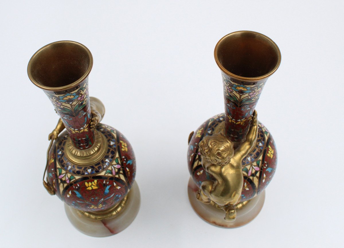 Pair Of Long Necked Bronze And Cloisonné Enamel Vases With Children's Decor-photo-5