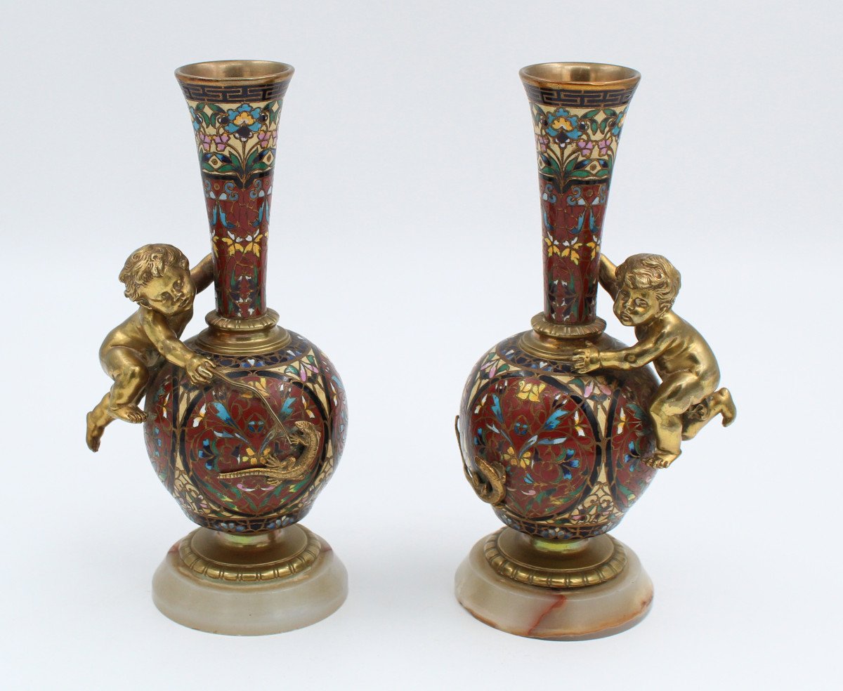 Pair Of Long Necked Bronze And Cloisonné Enamel Vases With Children's Decor