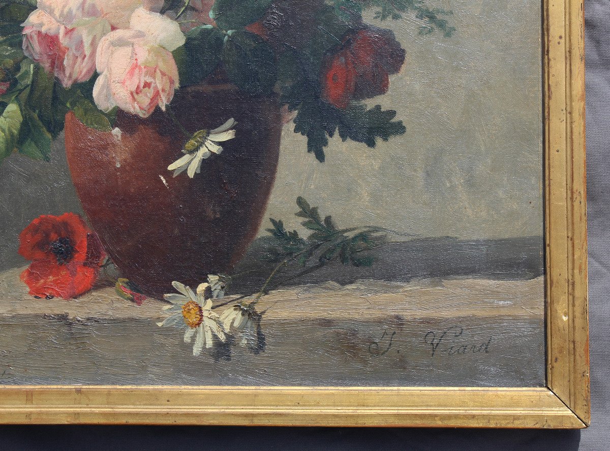 Oil Painting On Canvas Signed G Viard 19th Century Vase With Bouquet Of Flowers-photo-2