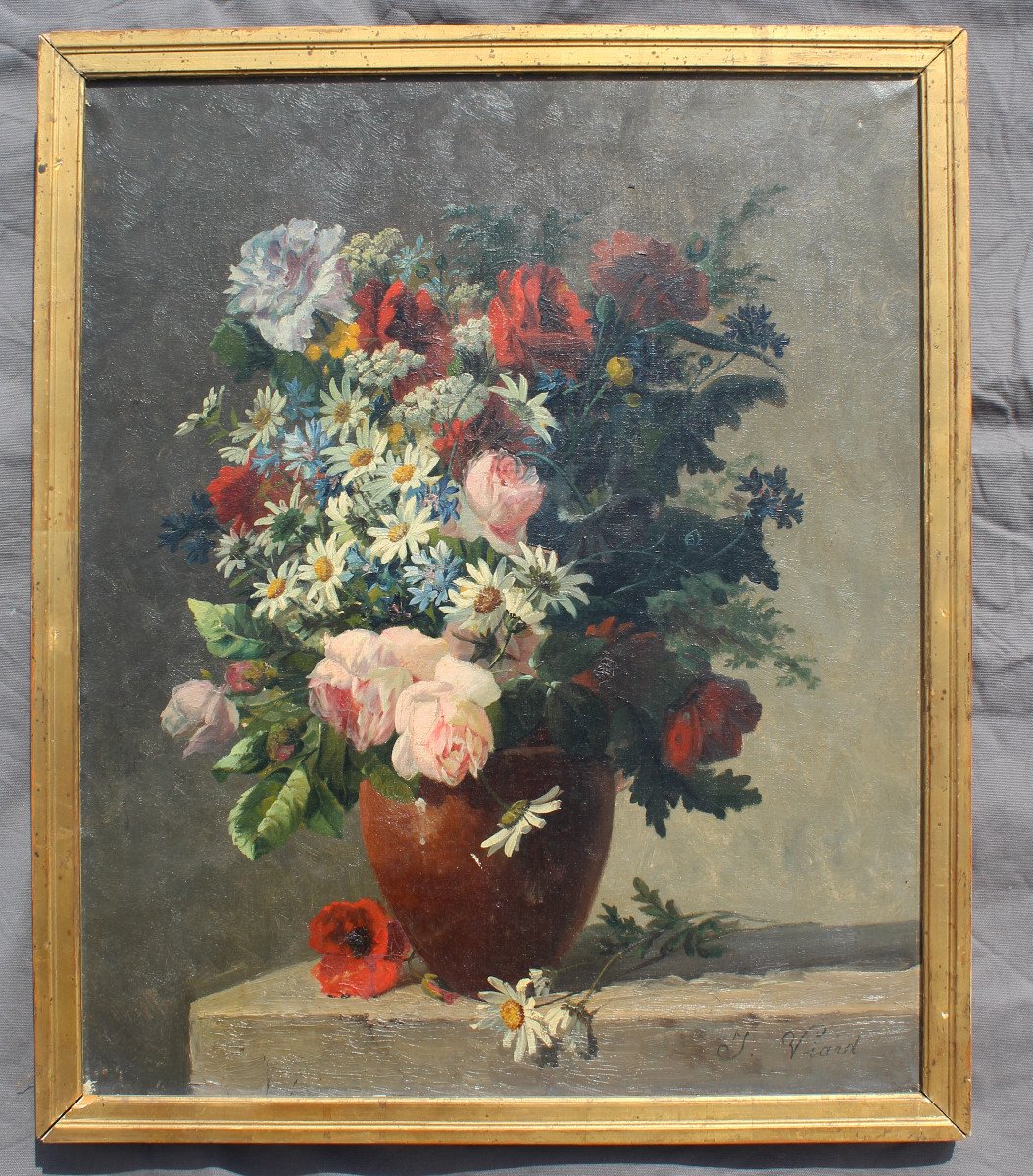 Oil Painting On Canvas Signed G Viard 19th Century Vase With Bouquet Of Flowers-photo-3