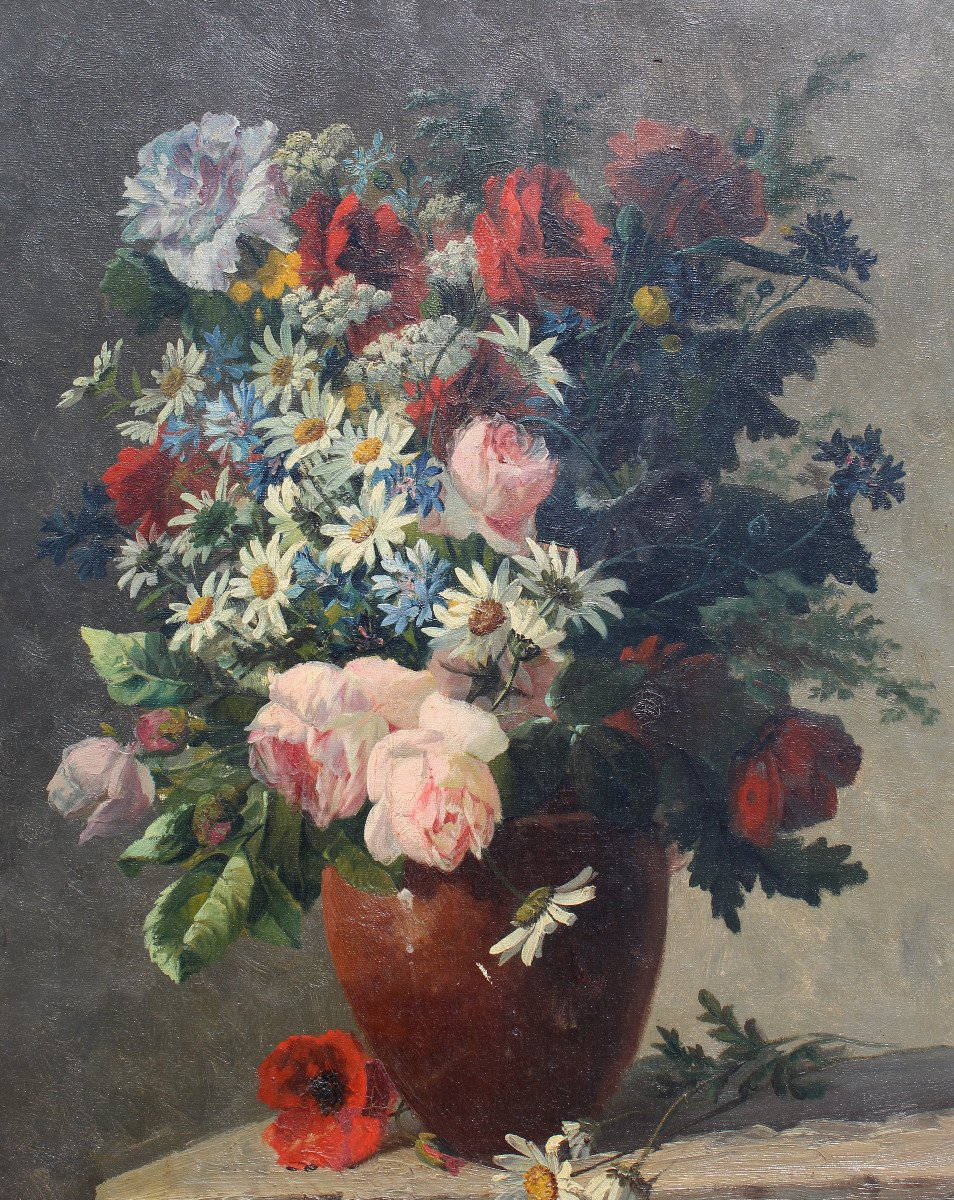 Oil Painting On Canvas Signed G Viard 19th Century Vase With Bouquet Of Flowers-photo-1