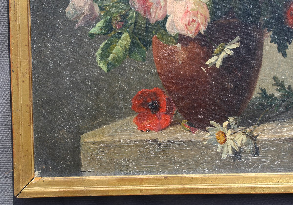 Oil Painting On Canvas Signed G Viard 19th Century Vase With Bouquet Of Flowers-photo-2