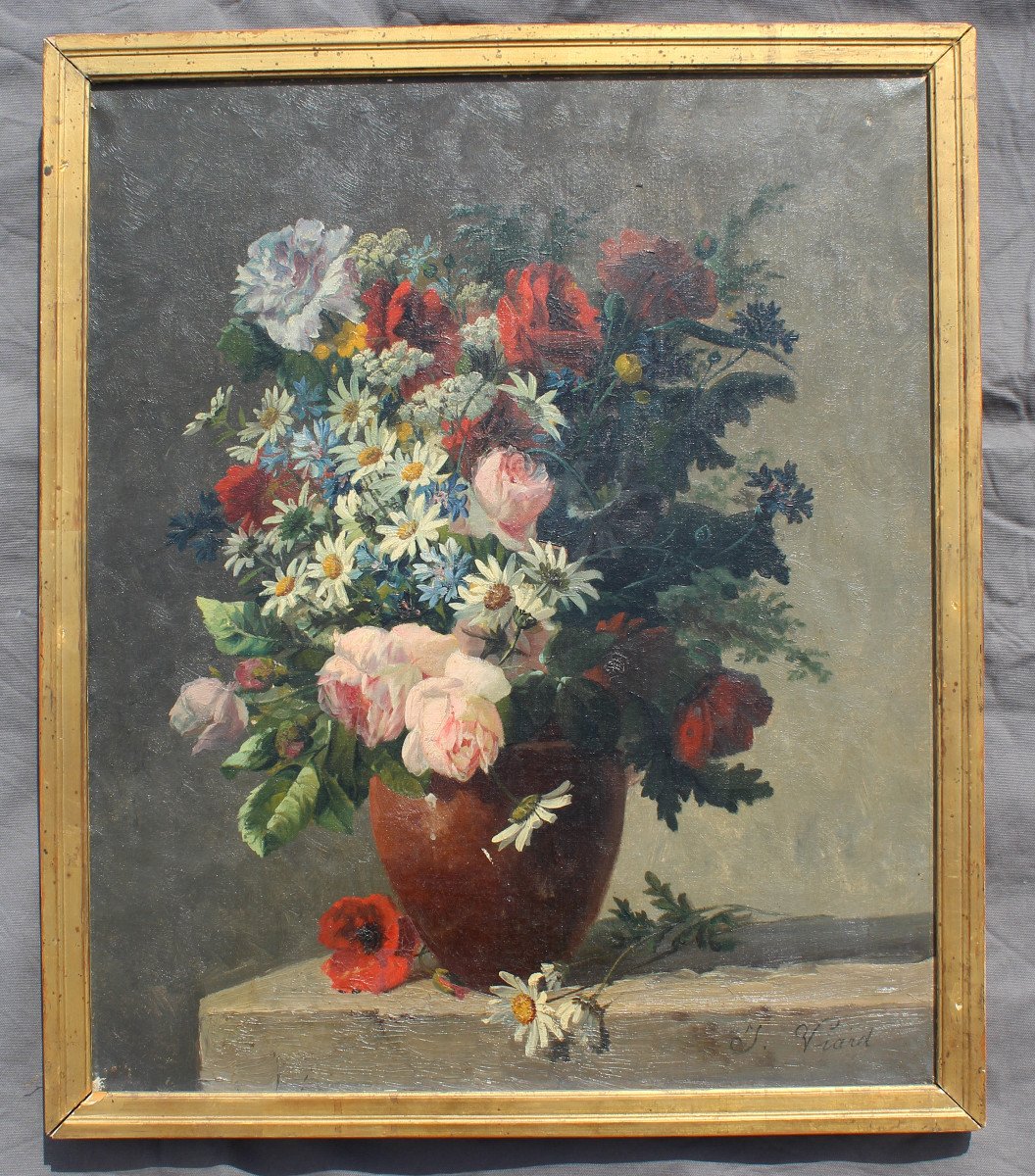 Oil Painting On Canvas Signed G Viard 19th Century Vase With Bouquet Of Flowers