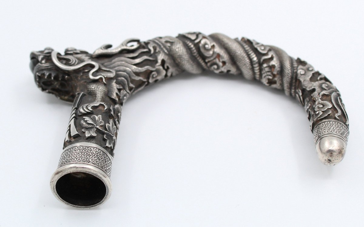 Pommeau Manche De Canne Argent Massif Indochine Dragon Asie-photo-2
