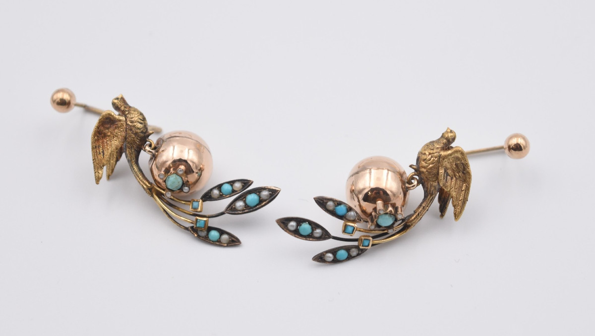 19th Century Birds Of Paradise Earrings With Turquoise And Pearl Tassels-photo-2