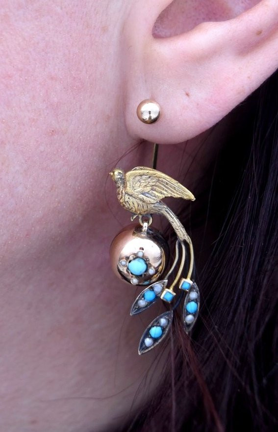 19th Century Birds Of Paradise Earrings With Turquoise And Pearl Tassels-photo-6