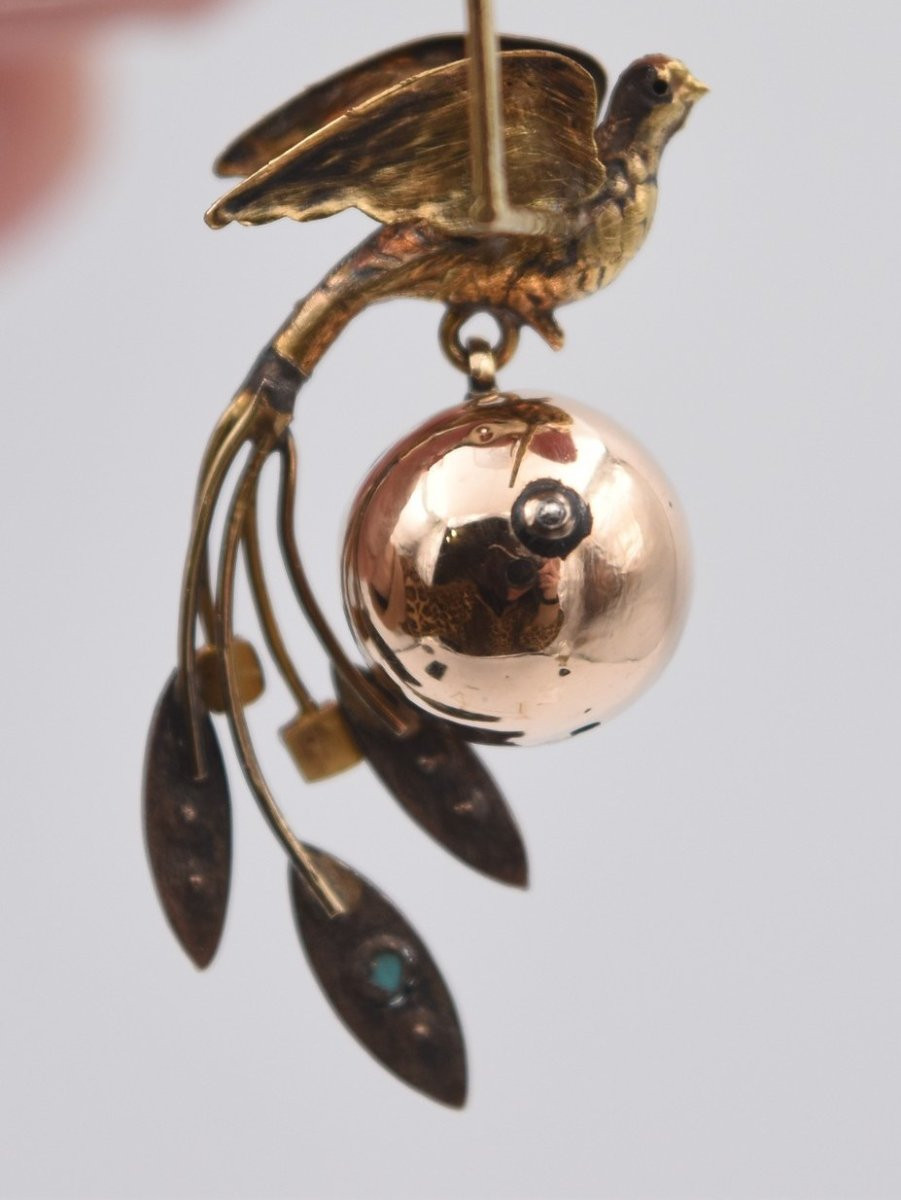 19th Century Birds Of Paradise Earrings With Turquoise And Pearl Tassels-photo-7