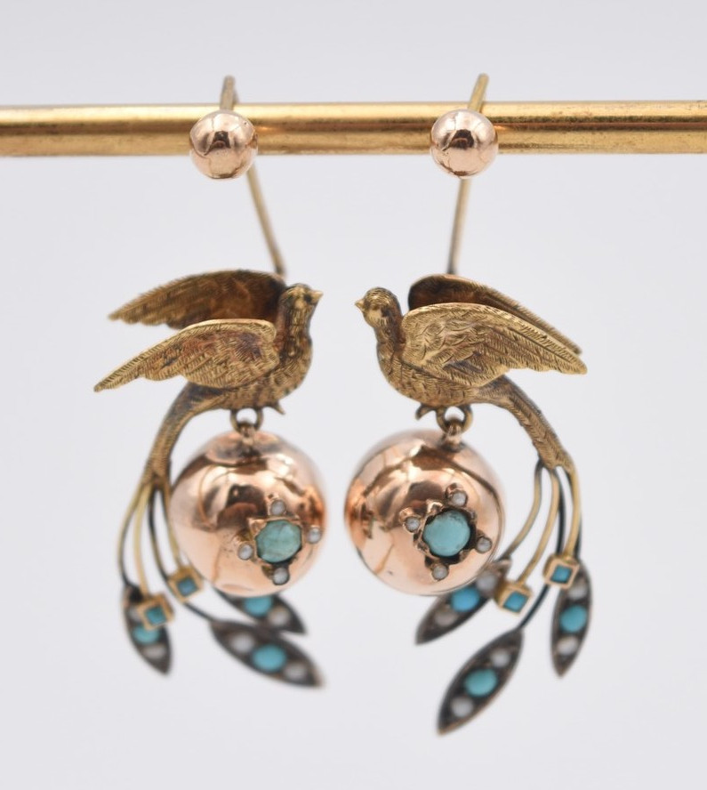 19th Century Birds Of Paradise Earrings With Turquoise And Pearl Tassels