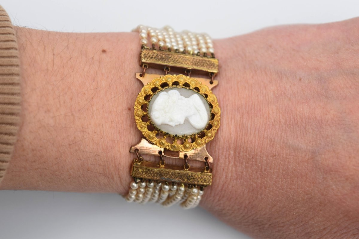 Antique Cameo Bracelet With Pomponne And Pearls, 19th Century, Napoleon III-photo-3