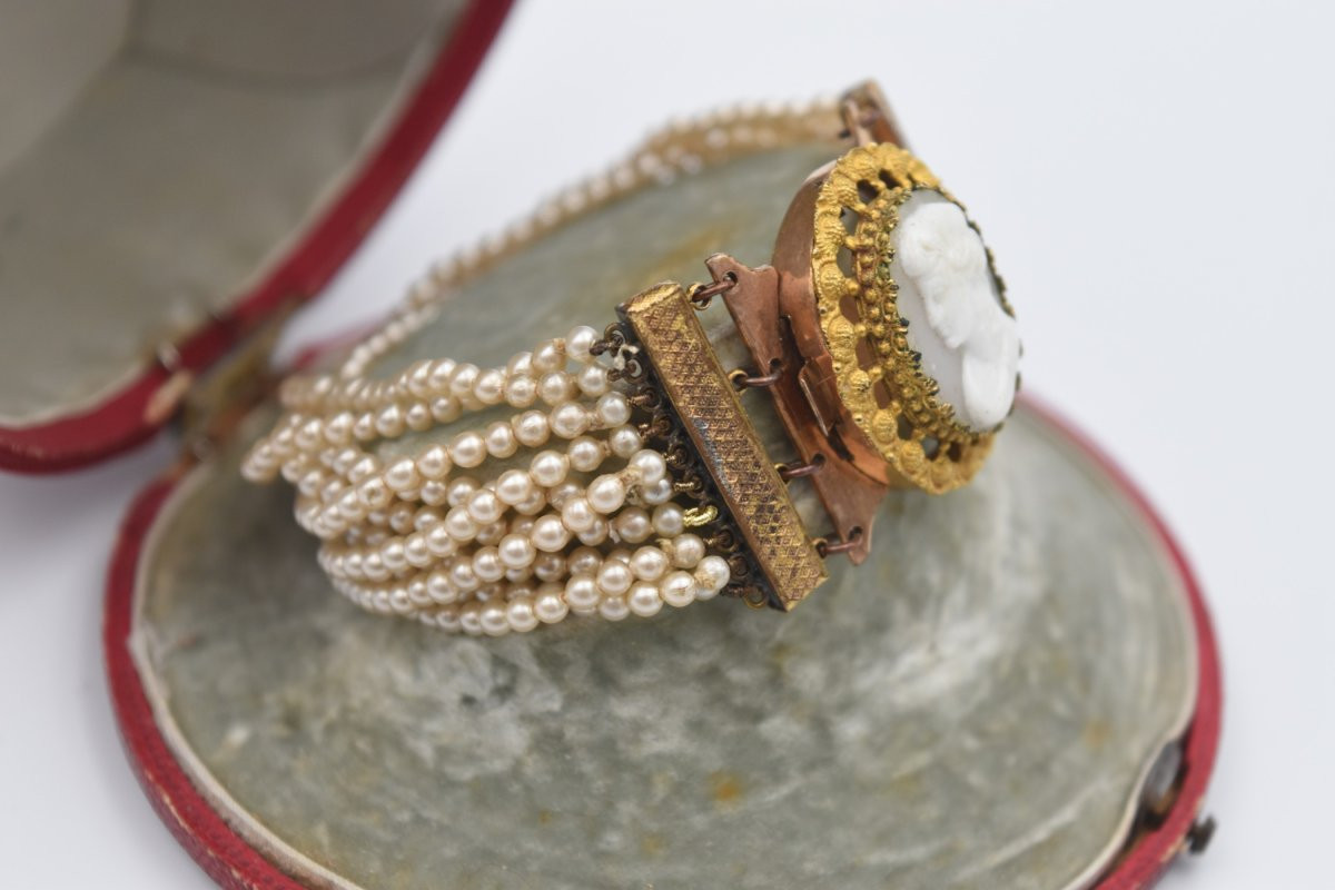 Antique Cameo Bracelet With Pomponne And Pearls, 19th Century, Napoleon III-photo-1