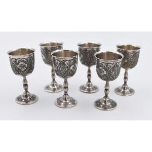 Series Of 6 Persian Qajar Islamic Sterling Silver Goblets