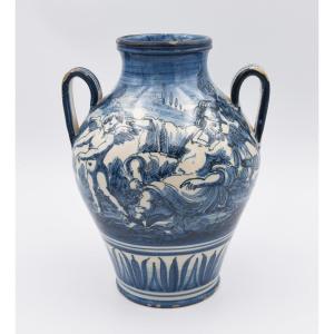 Italian Earthenware Vase From Savona From The 18/19th Decor Of Characters Buildings