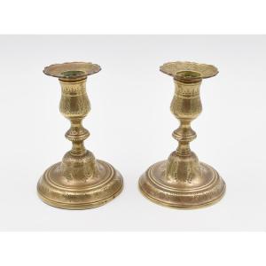 Pair Of Small Candlesticks In Chiseled And Gilded Bronze From The Regency Period