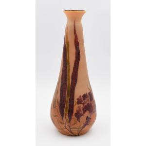 Legras Large Vase In Multilayer Glass Cleared With Acid Signed Orange Background