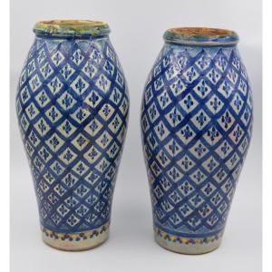 Pair Of Large Antique Moroccan Safi Earthenware Vases Or Jars Signed Al Soussi