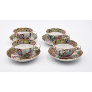 4 Tasses Et Soucoupes En Porcelaine Canton Chine Vers 1850 Dynastie Qing