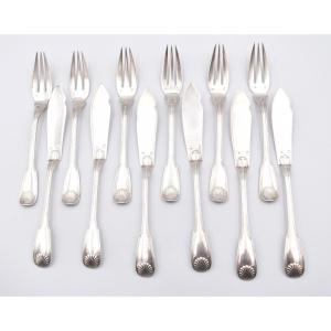 12 Pcs 6 Fish Cutlery Sterling Silver Minerva Decor Shell 